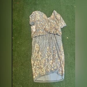 R&M Richards Short Beaded Blouson Dress W/Short Sleeves & Sequin Embellishments